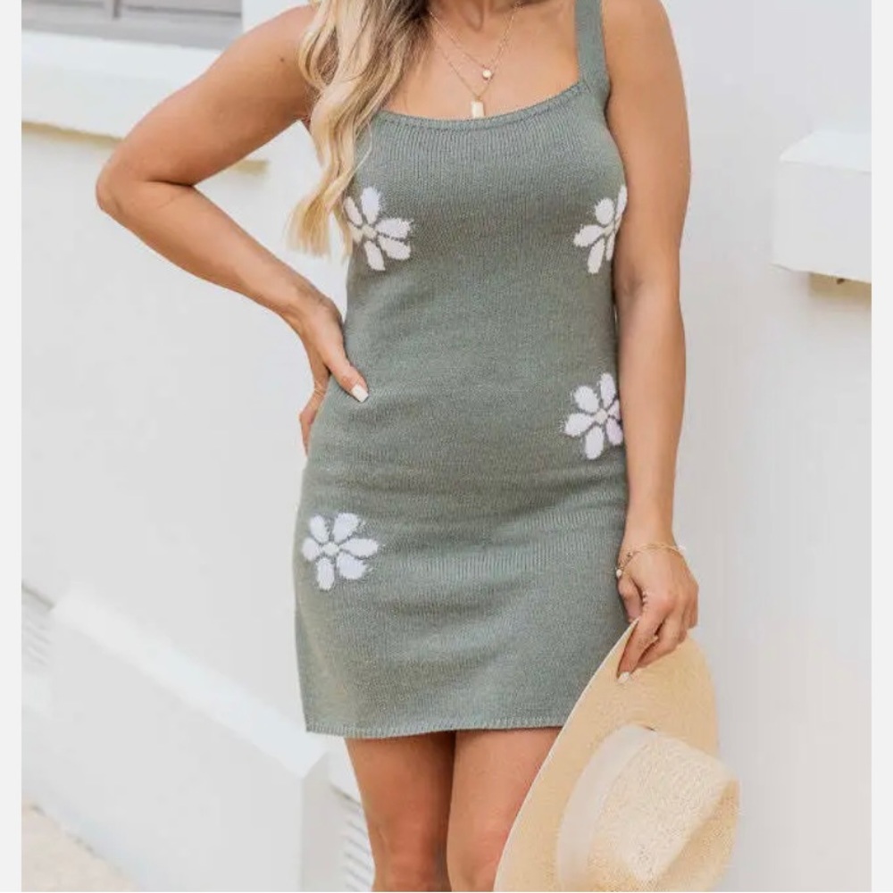 Knit sage green floral mini dress